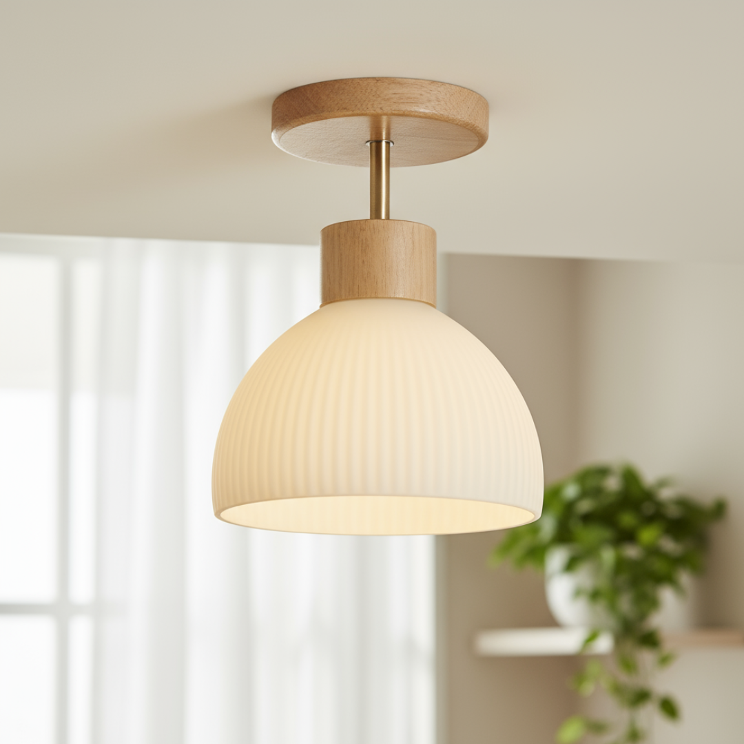 Lampa Sufitowa Drewniana z Kloszem Szklanym